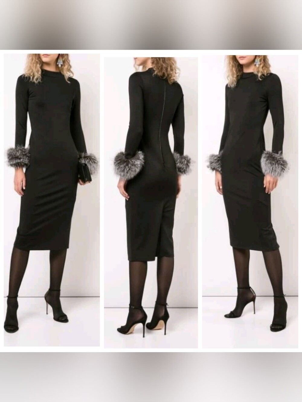 ALICE + OLIVIA Delora Fox Fur-cuff Sleeve Black Midi Dress. Size 4 $550 - Picture 4 of 12